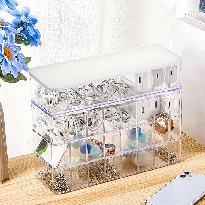 Tatuo 1 Pcs Cable Organizer Box with Wire Ties, Plastic Cord Storage Box with Lid, Electronics Organizer for Home Office Desk Organizers and Accessories (Clear,White)