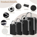 4 Set Compression Packing Cubes for Suitcase - Space-Saving Luggage Organizer Bags, Lightweight Travel Essentials for Efficient Packing (Black)