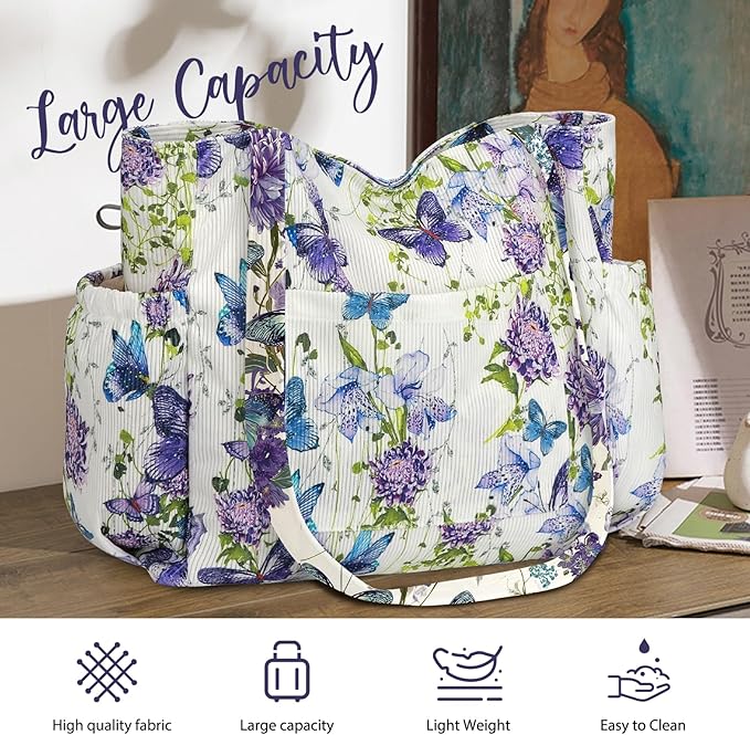 Corduroy Tote Bag for Women,Large Capacity Cute Tote Bags With 6 Pockets,Crossbody Shoulder Handbag for Work Travel Gym