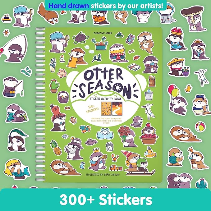 Otter Season 300+ Sticker Book for Kids by Cupkin - Arts & Crafts Activity Book, Stickers, 8 Scenes & Coloring Pages - Road Trip Essentials, Travel Essentials for Ages 2-8 - Spiral Bound