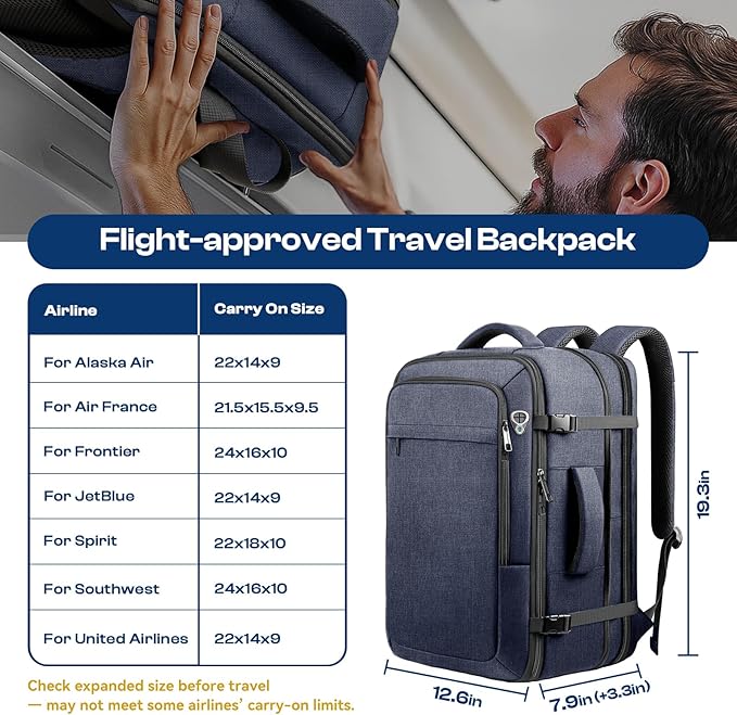 Carry on Backpack, 35L-45L Expanable Travel backpack,TSA Airplane Approved, Daypack Weekender Bag Fits 17 Inch Laptop, Travel Gifts for Men, Blue