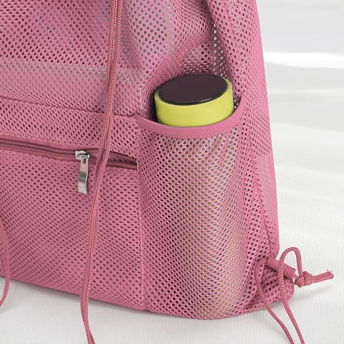 NATURAL STYLE Mesh Drawstring Backpack Bag, Gym Sports Bag with Zipper Pocket Bottle Holder, String Beach Bag for Swiming Travel (Pink)
