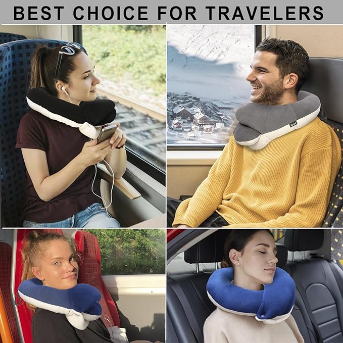 BUYUE Travel Neck Pillows for Airplanes, Memory Foam 360° Head Support Sleep for Long Flight, Skin-Friendly & Breathable, Kit with Eye Mask, Earplugs and Storage Bag (Adult, Green, 90+ lbs)
