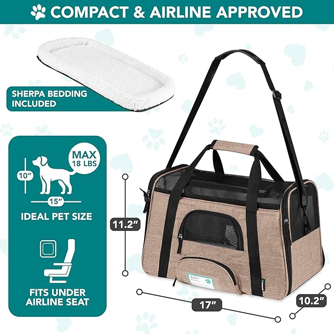 PetAmi Airline Approved Pet Carrier for Cats & Small Dogs, Soft Sided TSA Travel Carrier Bag with Sherpa Bed, Breathable Mesh Ventilation, Collapsible Bowl, Up to 18 lbs, Small Heather Taupe