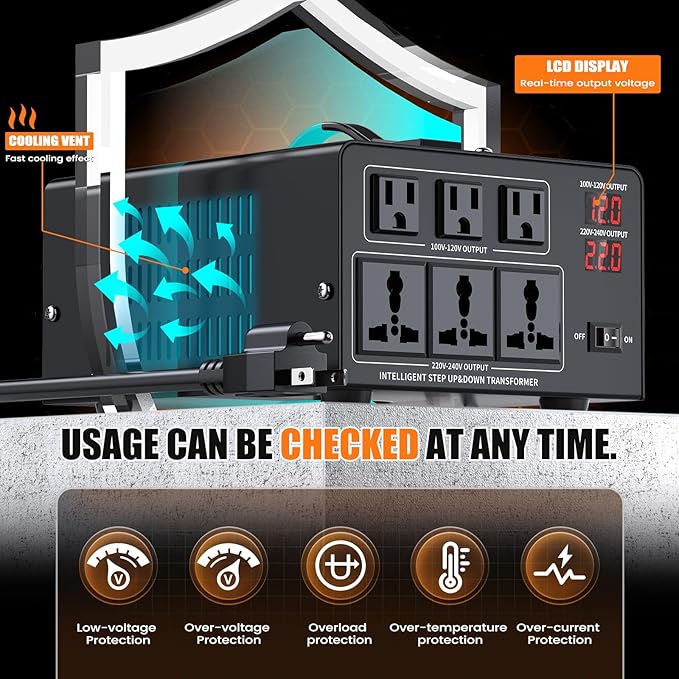 1500W Voltage Converter Transformer Step Up 110V/120V to220V/240V or Step Down 220V to 110V AC Power Converte, Circuit Breaker Protection, 2 US sockets, 2 Universal sockets, LCD Display