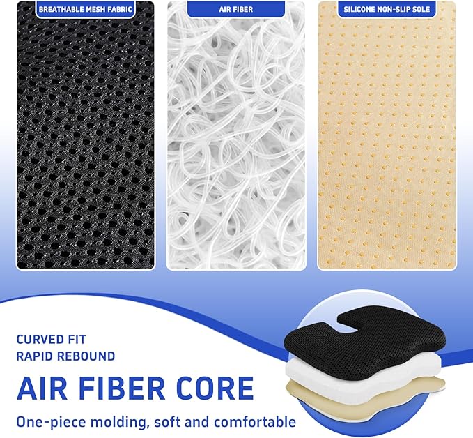 Gooo&Ma Office Chair Cushion - Air Fiber Seat Cushion for Tailbone Pain Relief, Breathable Cooling U-Shape Desk Chair Pad for Car & Gaming, Ergonomic Memory Foam Alternative Washable(Black)