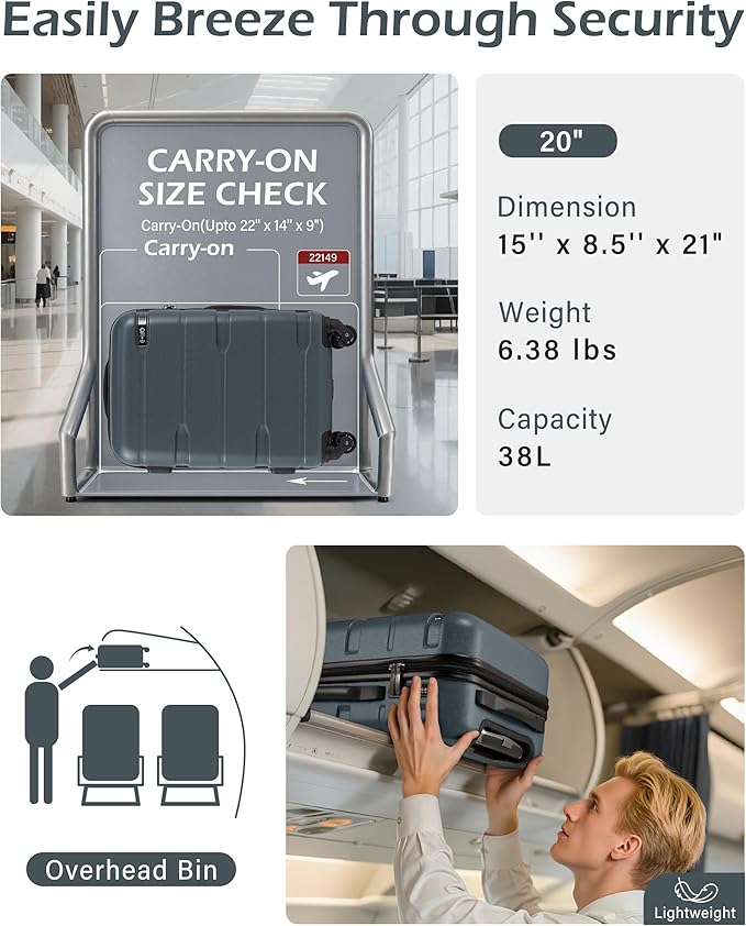 Coolife Carry On Luggage 22x14x9 Airline Approved Hardside PC+ABS Suitcase with TSA Lock, Lightweight Rolling Travel Luggage with Spinner Wheels(Teal, 20in)