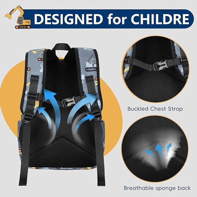 CAMTOP Preschool Backpack for Kids Boys Girls Toddler Backpack Kindergarten School Bookbags for Age 3-8 (Engineering Car Grey)