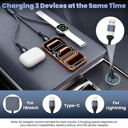 Travel Essentials,3 in 2 USB A/C Cable for Watch Charger/iPhone 17 Charger/IP Cable Designed for iWatch Chargers,Multi Charging Cable Compatible with iPhone 17-11/iWatch All Series 6FT 2PS