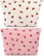 SOIDRAM 2 Pcs Cute Makeup Bag Large Cosmetic Bag Toiletry Bag Makeup Pouch Travel Bag Organizer Cute Makeup Brushes Aesthetic Accessories Storage Bag for Women Strawberry Pink Beige
