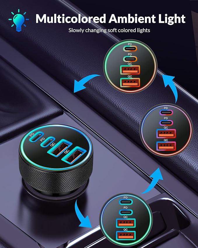 Car Charger USB C, 4-Port 90W Super Fast Charging Car Phone Charger Accessories Dual USB-C & USB-A Cargador Carro Cigarette Lighter Adapter for iPhone 17 16 15 14 13 12, iPad, Galaxy, Tablet, Android