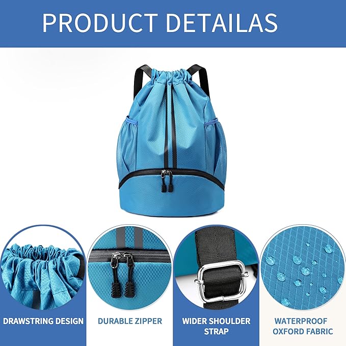 JELUTAR Drawstring Backpack Gym Bag with Shoes Compartment for Soccer, Basketball, Swim, Water-Resistant String Backpack Beach Cinch for Women Men, Sky Blue