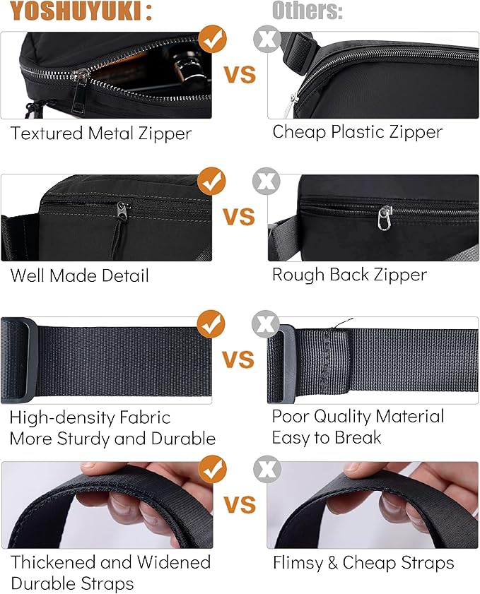YOSHUYUKI Fanny Pack Crossbody Bag Trendy Waterproof Small Sling Cross Body Purse for Women Men Fashion Waist Packs Mini Belt Pouch Chest Bum Hip Bag Lulu Dupes for Travel Vacation Running Black