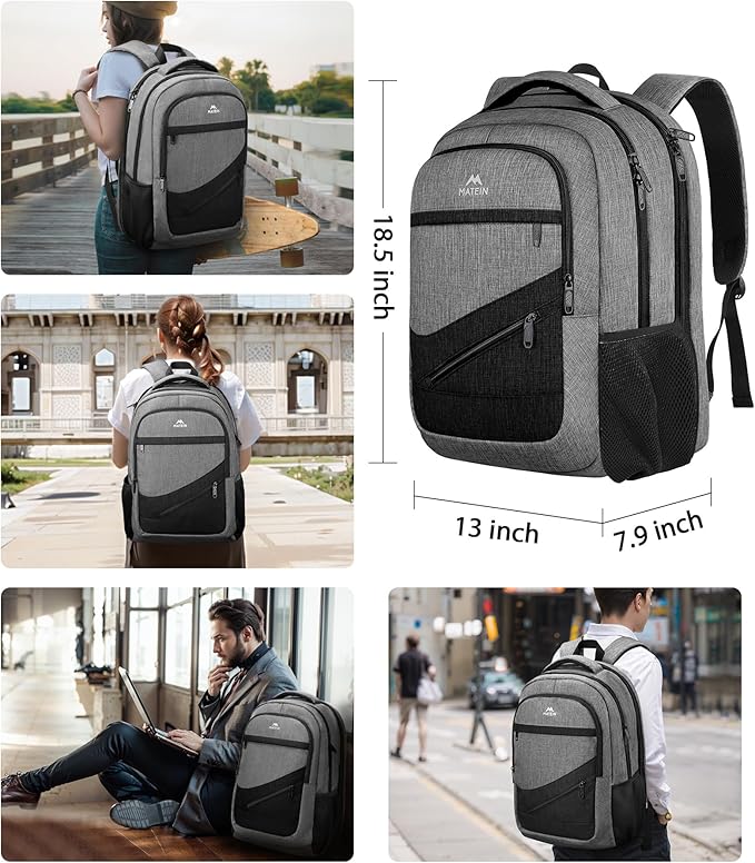 MATEIN 17 Inch Work Backpack for Men Women, Water Resistant Practical Travel Laptop Backpack with Anti Theft Pocket, Casual College Daypack Laptop Compartment TSA Friendly, Grey Black
