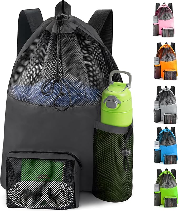 HOHOM Swim Mesh Beach Bag, Waterproof Gym Bags for Women and Men, Large Pool Bag Swimming Gear Drawstring Backpack