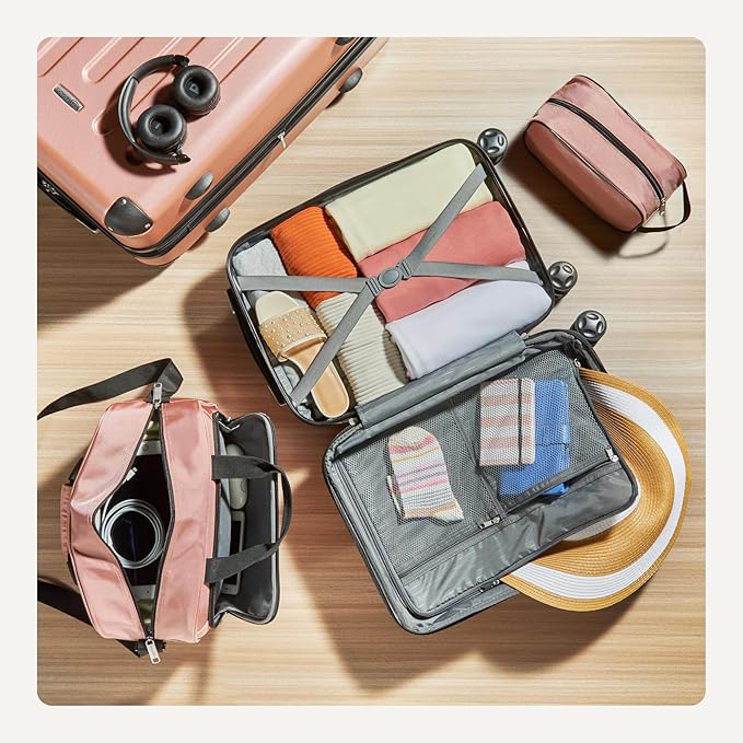 Amazon Basics 4-Piece Luggage Set, Hardside Spinner Suitcases with Multidirectional Wheels (22" Carry-On and 28" Checked), Plus 15-inch Tote Bag and 10-inch Compact Travel Bag, Rose Gold