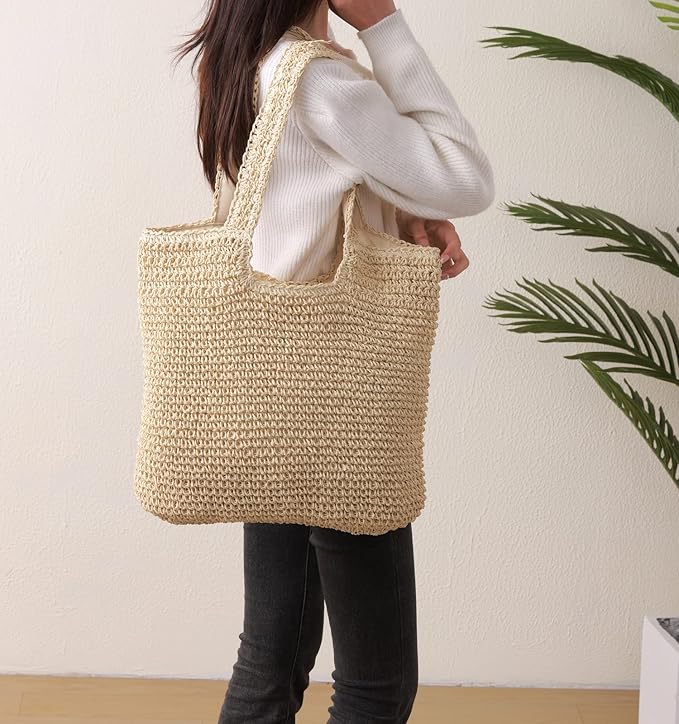 GOLDTIMO Beach Bags for Women - Summer Soft Large Woven Shoulder Purse Handbag, Beach Tote Straw Bag for Summer Vacation