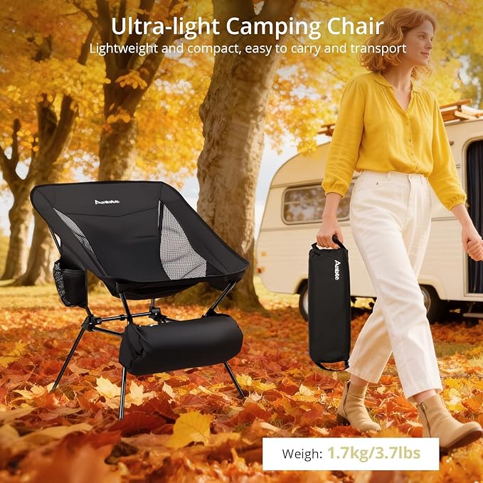 Anbte Extra Height & Width Portable Camping Chair, 400LBS Capacity Compact Folding Chair with Square Frame Quick Setup Storage Bags on Both Sides, Ideal for Camping Hiking Beach Picnic Outdoor, Black