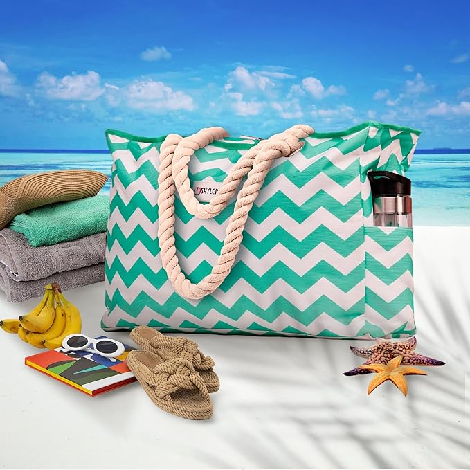 Beach Bag and Pool Bag Has Cooler Pocket, 7 Pockets Total, Zip Top. Family Size Waterproof Beach Tote