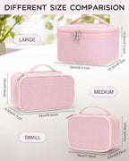 Relavel Large Makeup Bag, Portable Pink Cosmetic Bag for Girls, Dual-layer Makeup Pouch with Brush Holder, Multi-Functional Preppy Toiletry Organizer for Travel, Daily Use - Pink Strip