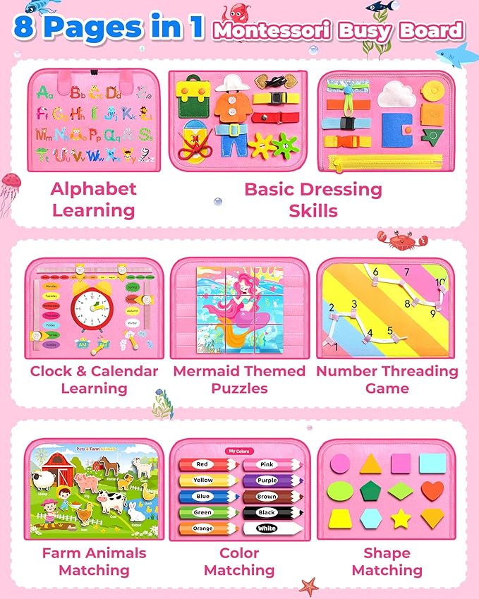 Gojmzo Busy Board Montessori Toys for Toddler Girl Birthday Gifts, Busy Book Sensory Toys for Toddlers, Learning Educational Toddler Travel Activities