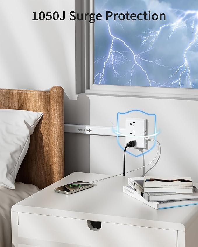 Electrical Outlet Extender Stick-360° Rotating Wall Outlet, Features 3 AC Outlets, 2 USB-A & 2 USB-C, Extends 16"-26", Extendable for Hard-to-Reach Outlets Behind Couches, Nightstands, Desks, and More