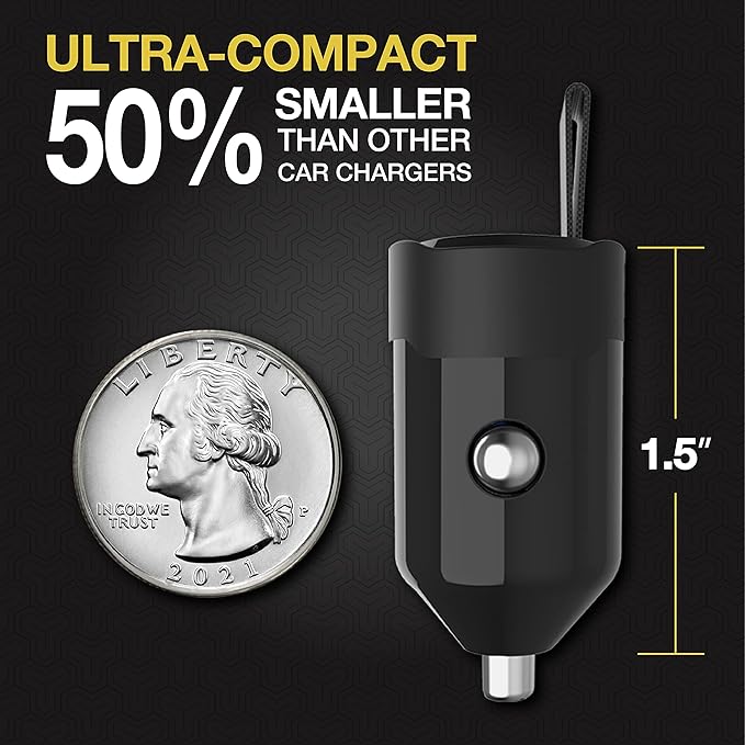 Scosche CPDC30 Mini USB-C 30W Car Charger for Cigarette Lighter Outlet, Power Adapter Plug with 4 FT Long USBC to Type-C Fast Charging Cable Cord Compatible with Android, iPhone & iPad, Black