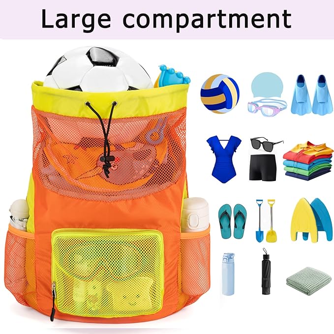 Swim Bag for Kids Mesh Beach Backpack for Boys Lightweight Drawstring Beach Bag Swimming Pool Sports Gym String Bag (Orange)
