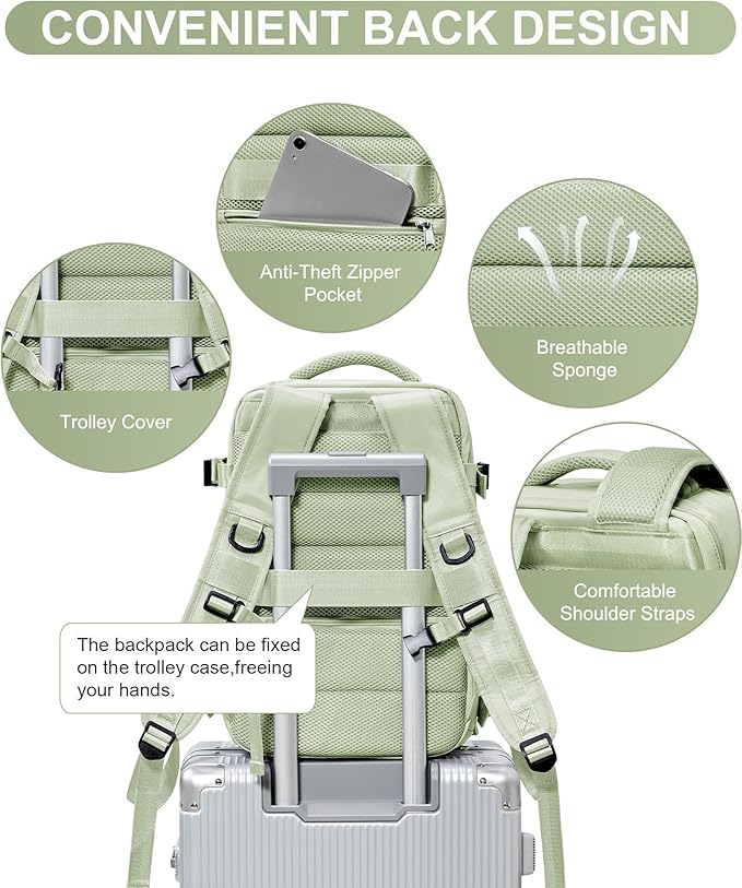 Travel Backpack Women,Carry On Backpack Flight Approved 18x14x8 inches Bag Spirit Airlines Personal ltem,College Sports Hiking Rucksack Waterproof Casual Daypack Laptop Blackpack Men, MintGreen
