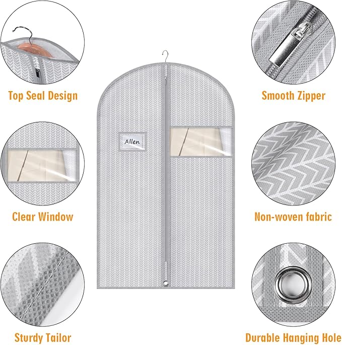Syeeiex 40" Suit Bag, Set of 5 Garment Bags for Hanging Clothes, Suit Bags for Closet Storage, Garment Bags for Storage Suits,T-shirts, Jackets and Coats(Grey Arrow)