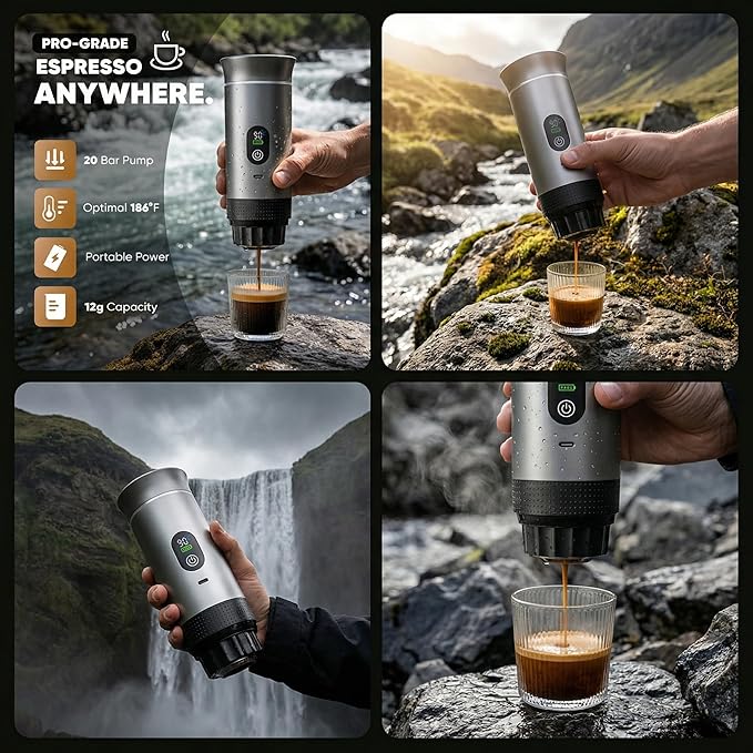Portable Espresso Coffee Maker, Battery Operated Rechargeable Travel Espresso Machine, Self Heating Mini Coffee Maker for Camping & Car, Works with Ground Coffee and Small/Large Capsules, 80ml Cup