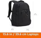 Amazon Basics Travel Laptop Backpack with Multiple Pockets and Compartments for 15.6 inch Laptop, Water Resistant, Spacious with Padded Shoulder Straps, Black | for 15.6 inch Laptop