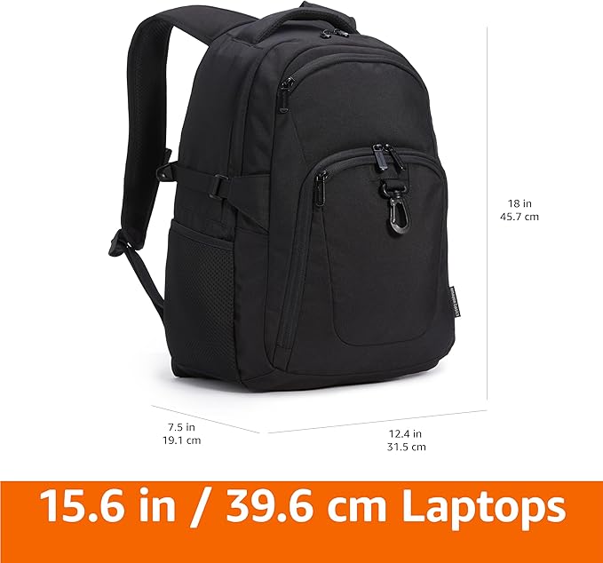 Amazon Basics Travel Laptop Backpack with Multiple Pockets and Compartments for 15.6 inch Laptop, Water Resistant, Spacious with Padded Shoulder Straps, Black | for 15.6 inch Laptop