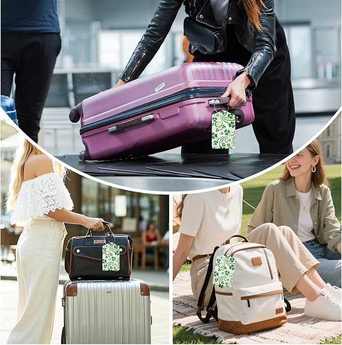 3 Pack St. Patrick's Day Shamrock Luggage Tags for Suitcase Lucky Clovers PU Leather Travel Luggage Tag Privacy Cover ID Label for Women Men Baggage Backpack Handbag School Bag
