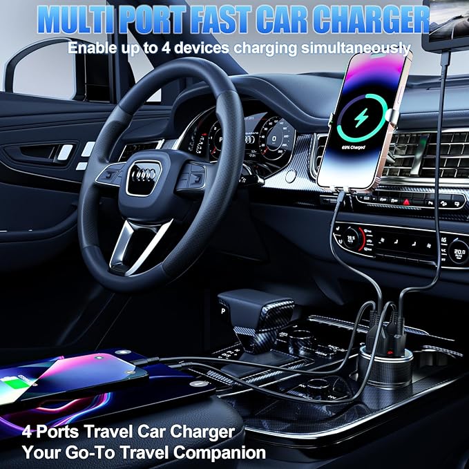 Car Charger USB C, 78W 4 Port Fast Charging Car Phone Charger Adapter, Dual USB-C & USB-A Cigarette Lighter Adapter with Voltage Display for iPhone 17 16 15 iPad Samsung Android