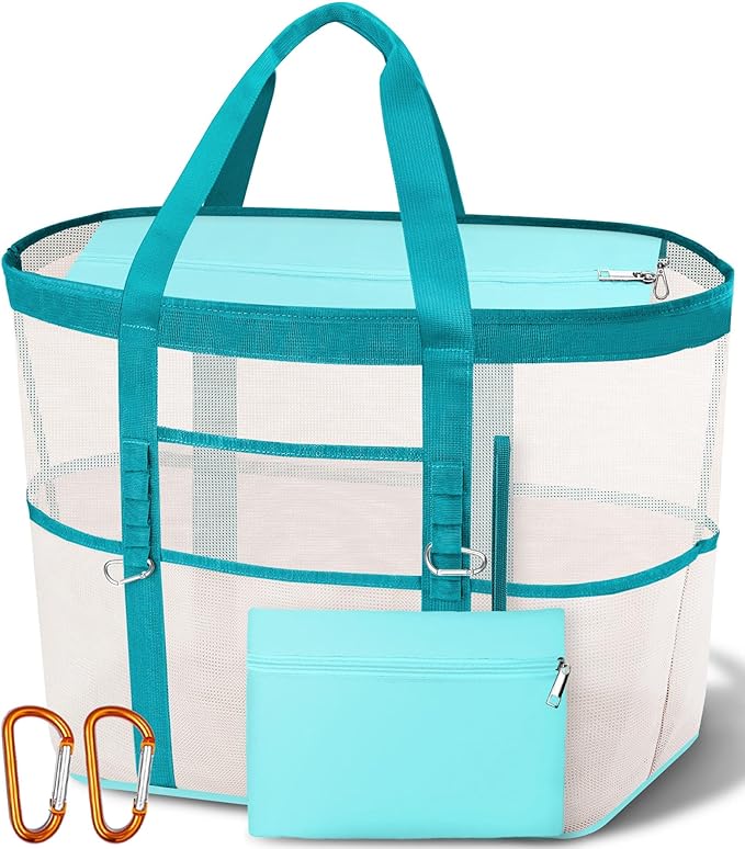 2026 Stylish & Spacious XX-Large Beach Bag for Women – Mesh × Canvas Tote with Top Zipper, 11 Tall Pockets | 40L+ Spacious, 11 Tall Pockets, Zipper Pouch, Secure Zip-Top, Sand-Resistant Base