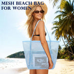 Fammart Mesh Beach Bag, Large Beach Tote with Zipper Pocket, Toys Pool Bag for Family Travel Vacation Cruise Essentials