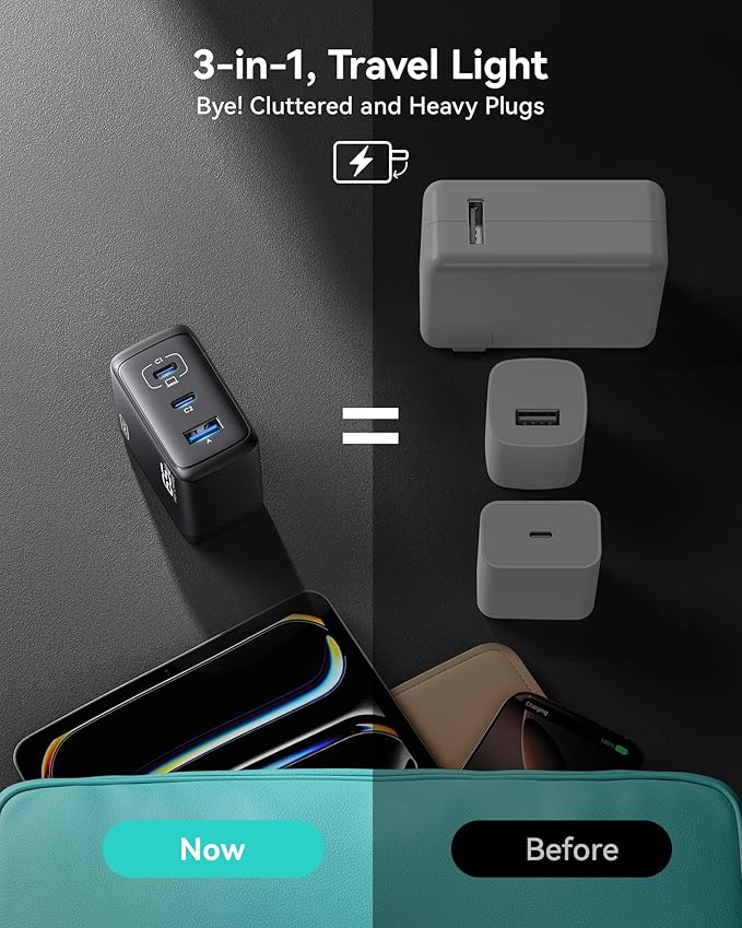 INIU Ultra Slim 10000mAh 45W PD Power Bank & 3-Port 65W PD Fast Charging Compact Type C Wall Charger Combo