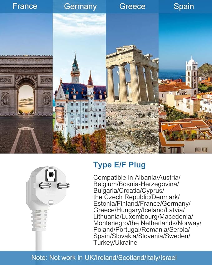 Type E F Plug Adapter, Germany France Travel Plug Adapter with 3 Outlets 3 USB Ports，Schuko Plug Power Adaptor for US to Europe EU Spain Iceland Korea Greece Norway Russia German French, 4ft