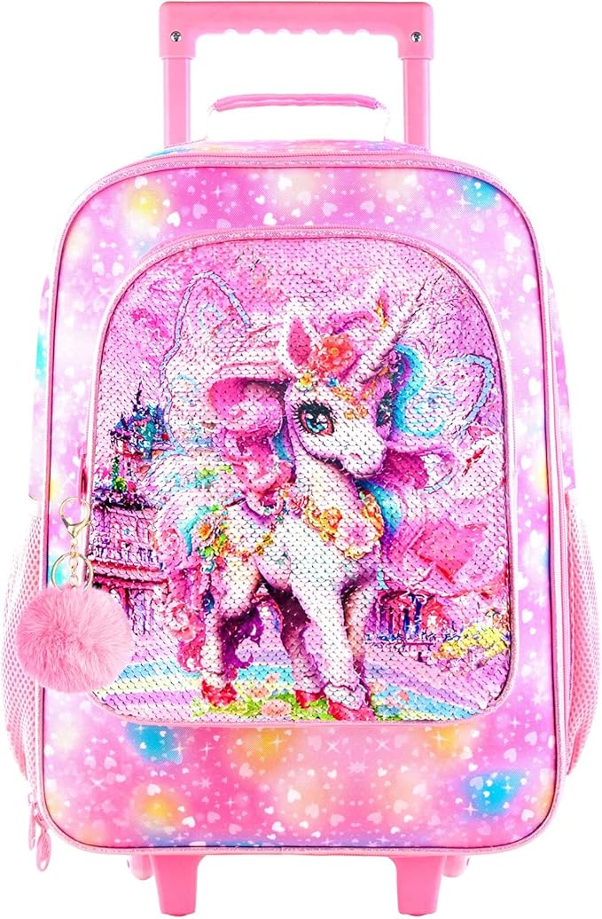 HPJGD Girls Luggage, Kids Sequins Rolling Luggage, Cute Unicorn Travel Carry on for Elementary Preschool Toddler