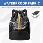 JELUTAR Drawstring Backpack Gym Bag with Shoes Compartment for Soccer, Basketball, Swim, Water-Resistant String Backpack Beach Cinch for Women Men, Black Gold