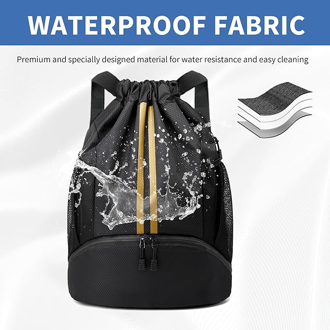 JELUTAR Drawstring Backpack Gym Bag with Shoes Compartment for Soccer, Basketball, Swim, Water-Resistant String Backpack Beach Cinch for Women Men, Black Gold