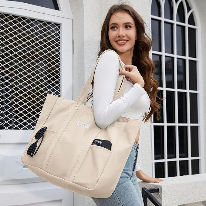 HOMESPON Large Canvas Tote Bag for Women Everything Bag with Pockets and Laptop Sleeve