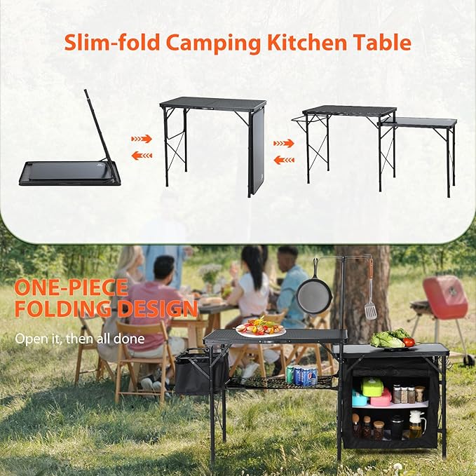 Nice C Camping Kitchen Table, Portable Folding Camp Cook Station, Storage Organizer, with Light Poles, Storage, Side Bag, Side Hooks, for Outdoor, Picnic, Beach, RV Traveling (Black)