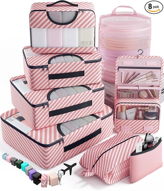8 Set Packing Cubes for Travel Essentials, Suitcase Organizer Bags in 4 Sizes, Carry-On Luggage Accessories with Laundry Bag, Airplane Must Have, Gifts for Women Men