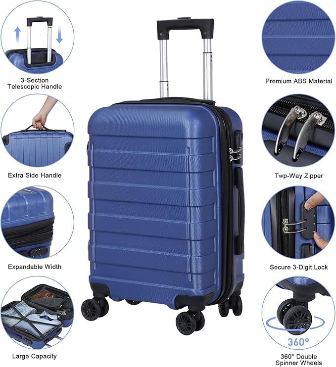 SUPER DEAL Spinner Luggage 21 Inch Hardside Expandable Suitcase Travel Carry On Luggage with 360° Swivel Wheels and Height Adjustable Handle, Blue
