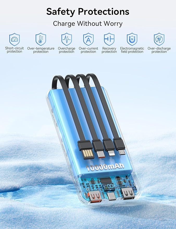 Portable Charger, 10000mAh 22.5W Fast Charging Power Bank with 4 Built-in Cables, Travel Essentials Battery Pack with LED Display, 6 Outputs Charging Bank Compatible with iPhone, iPad, Samsung Black