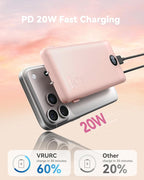 VRURC Portable Charger Power Bank - 10000mAh Fast Charging 22.5W PD 20W Portable Charger with Built in Cables, Portable Charger with Cords External Charger Travel Accessories-Pink