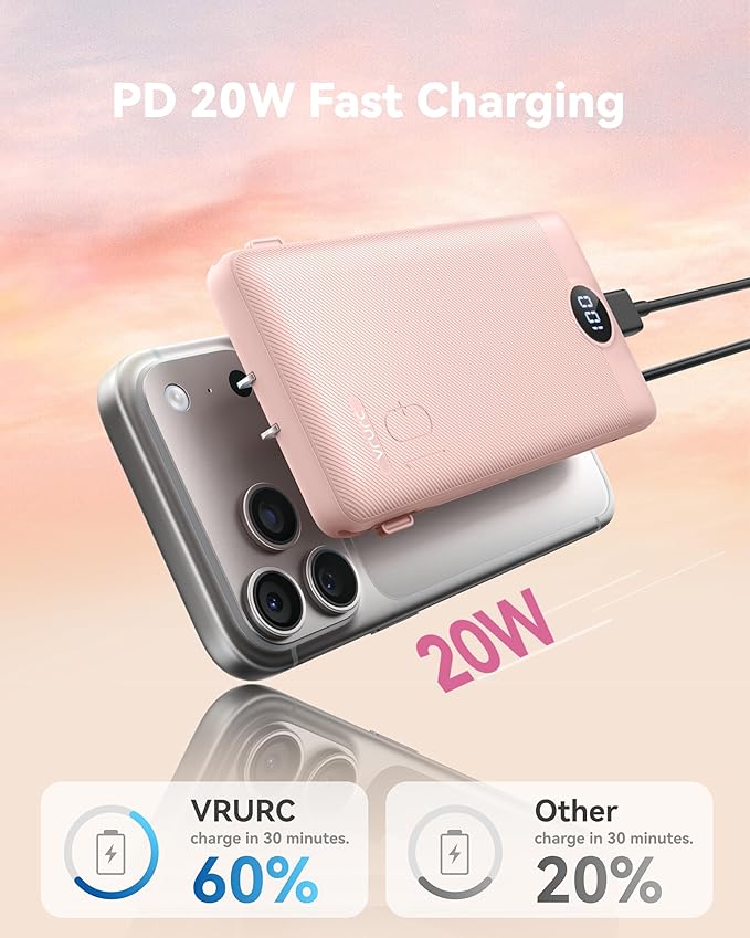VRURC Portable Charger Power Bank - 10000mAh Fast Charging 22.5W PD 20W Portable Charger with Built in Cables, Portable Charger with Cords External Charger Travel Accessories-Pink