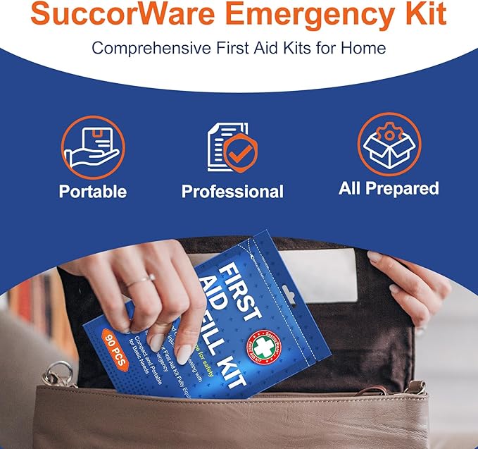 SuccorWare 90 Pieces First Aid Refill Kit - Wound Care Kit Includes Bandages for Home, Travel, Hiking - Portable Replacement Kit for First Aid Medical Supplies（2 Set）